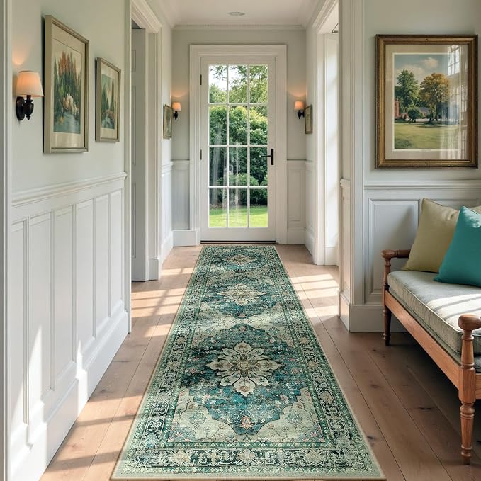 RELEANY Area Rugs Runner 3'x9' Washable Non-Slip, Floral Vintage Distress Medallion Carpet for Kitchen Hallway Bedroom Beside Laundry Room Bathroom, Dark Blue Vintage