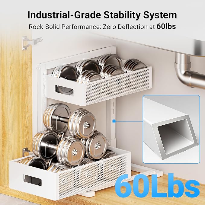TISTAYA Pull-out Under Kitchen Sink Organizer, Metal Functional Under Sink Organizer, Height Adjustable Under Bathroom Sink Organizer, Under Sink Storage for Kitchen Bathroom Cabinet (White)