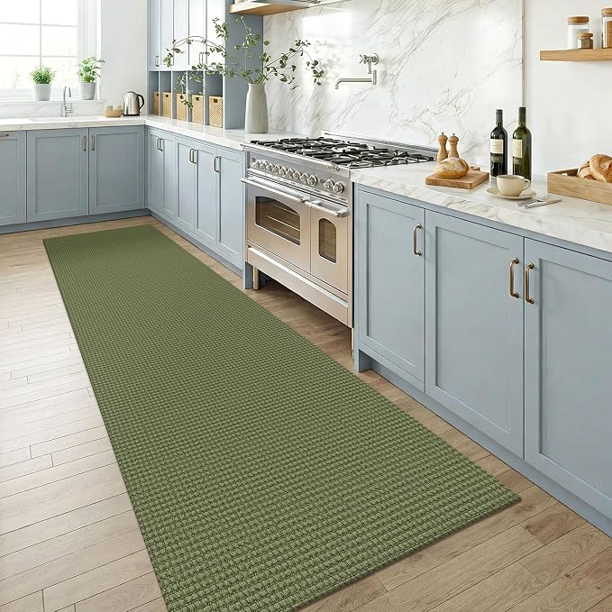 KOZYFLY Cotton Runners for Hallway 3x8, Wide Washable Runner Rug, Woven Non Slip Kitchen Runner, Braided Entryway Rug, Floor Carpet for Foyer, Bedroom, Hall, Olive Green/Earthy Green