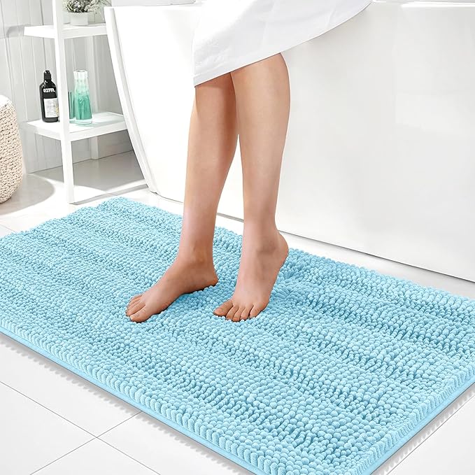 OLANLY Thick Bathroom Runner Rugs 44x24, Extra Absorbent Chenille Striped Bath Rugs, Rubber Backing, Machine Wash Dry, Long Bath Mats for Bathroom, Tub and Shower, Home Decor Accessories, Sky Blue
