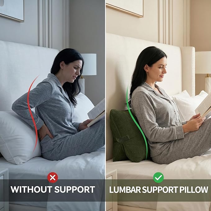 Pat. Pend. Corduroy Ergonomic Lumbar Support Pillow for Sitting Support, Triangle Back Cushion for Sofa, Armchair & Bed, Washable Cover, Avocado Green