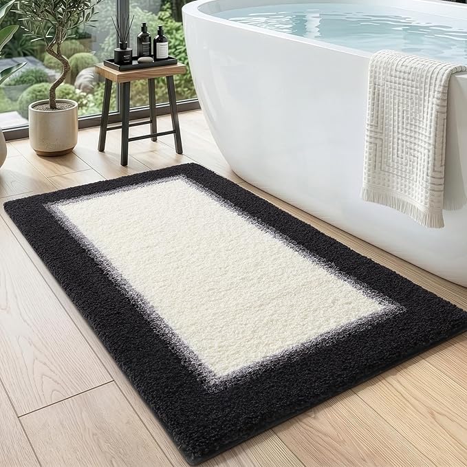 DEXI Bathroom Rugs 43x24, Absorbent Extra Soft Plush Microfiber Bath Mat for Bathroom, Non Slip Washable Bathmat Quick Dry for Shower Floor, Sink, Tub, Laundry Room, Black and White