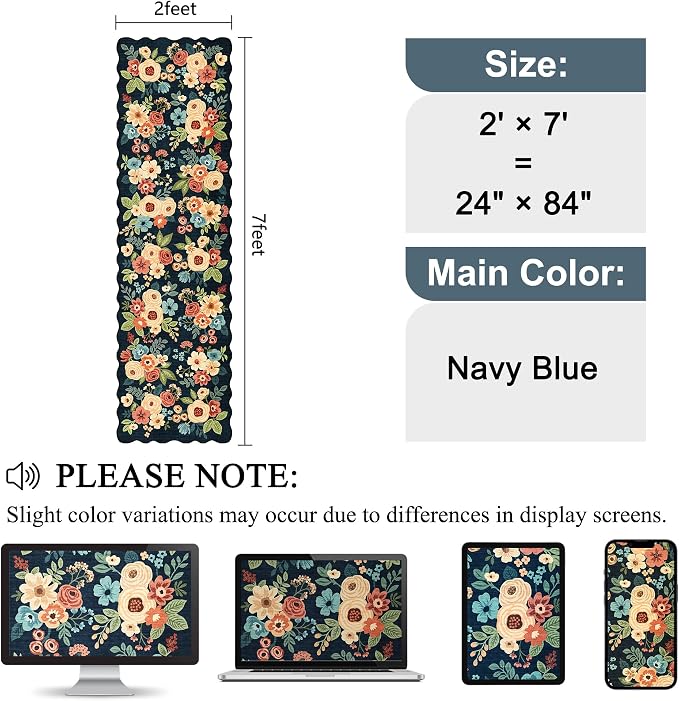 DUKINO Washable Runner Rug, 2x7 Lightweight Soft Floral Hallway Rug Runner with Low Pile Design, Non Shedding & Non Slip Backing Thin Indoor Carpet for Bedroom, Bathroom, Entrance, Kitchen, Navy Blue