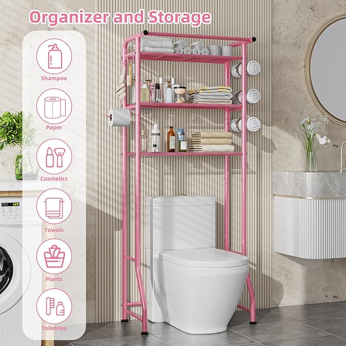 Simple Trending 3 Tier Over The Toilet Rack, Shelf Bathroom, Bathroom Stand Organizer Space Saver, Pink
