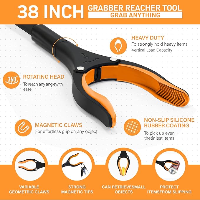 38" Extra Long Grabber Reacher Tool – 2 Pack Extra Long Foldable Reacher Grabber Pickup Tools with 360° Rotating Jaw - Heavy Duty Pick Up Grabbers for Seniors, Trash, Surgery Recovery (Orange Blue)