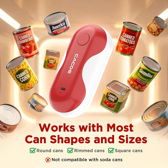 CACOE Automatic Smart Electric Can Opener with Auto Stop & USB-C Charging - Cordless Can Opener for Elderly and Arthritic Users for Seniors & Arthritis, Effortless One-Touch Open (red)