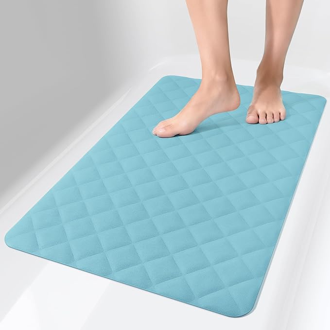 Yolife Bathtub Shower Mat Non Slip, Natural Rubber Bath Tub Floor Liner Mats with Strong Suction Cups for Inside Shower Bathroom, Machine Washable, Soft on Feet, 27.5 x 17 Inch, Blue
