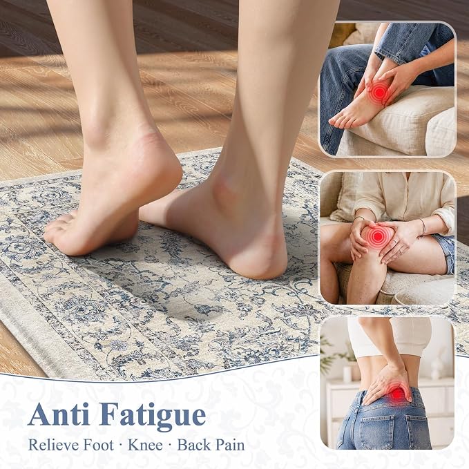 KIMODE Kitchen Anti Fatigue Mat,Ergonomic Standing Kitchen Rugs Sets of 2,Boho Kitchen Rug Stain Resistant,Non Slip Waterproof Kitchen Sink Rug,Blue 20"x47"+20"x32"