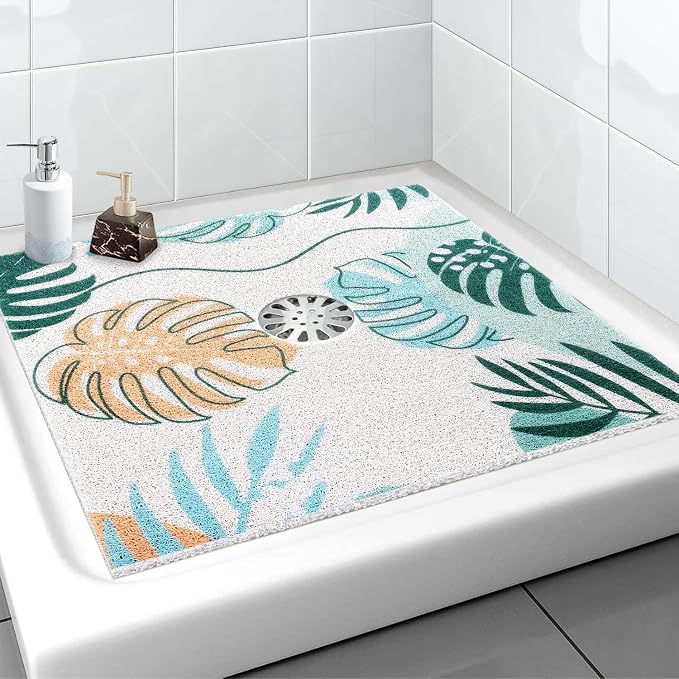 Square Shower Mat, Yonala 27 x 27 Inch Stylish Non Slip Shower Mats for Inside Shower with Central Drain Hole, Soft Trimmable PVC Loofah Anti Slip Shower Mat for Walk in Shower Stall, Quick Drying