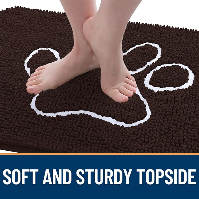 OLANLY Dog Door Mat for Muddy Paws 47x32, Paw Print Design, Absorbs Moisture and Dirt, Absorbent Non-Slip Washable Doormat, Quick Dry Chenille Mud Mat for Dogs, Entry Indoor Entryway Carpet, Brown