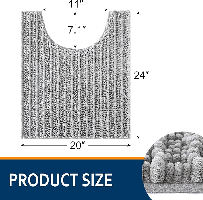 Smiry Bathroom Toilet Rugs U Shaped 24x20, Extra Soft Absorbent Non Slip Rubber Backing Chenille Contour Bath Rugs for Toilet, Machine Washable Contoured Bath Mats, Light Grey