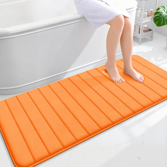 OLANLY Memory Foam Long Bathroom Rugs Runner 59x24, Super Soft Absorbent Bath Mat, Quick Dry, Machine Washable Shower Floor Rugs, Bathmat Carpet, Bathroom Home Decor Accessories, Orange