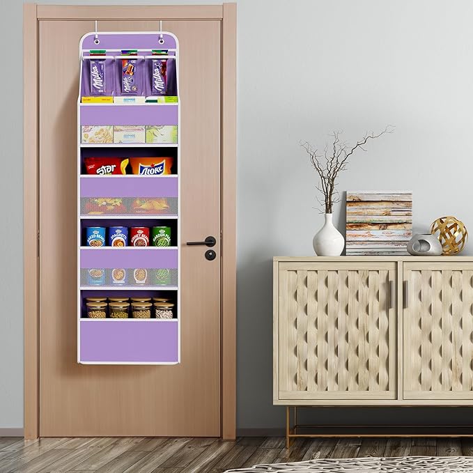 Univivi 5-Shelf Fabric Door Storage Over Door Hanging Organizer with 4 Large Pockets and 3 Small PVC Pockets Nursery Closet Cabinet Wall Mount Hanging Storage Organizers for Baby Nursery (Purple)
