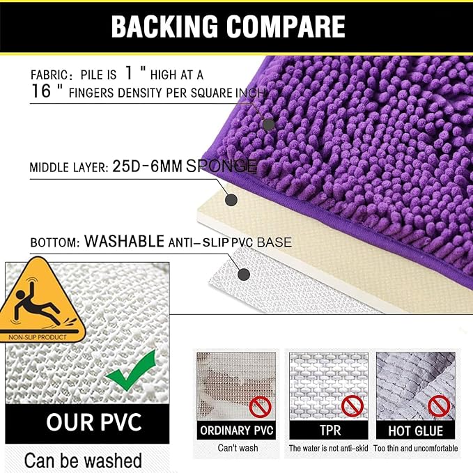Bathroom Rugs Chenille 3-Piece Extra Soft and Absorbent Shag Bathroom Rugs, Machine Wash Mat, Strong PVC Non-Slip Underside, Plush Carpet Mats (Violet)