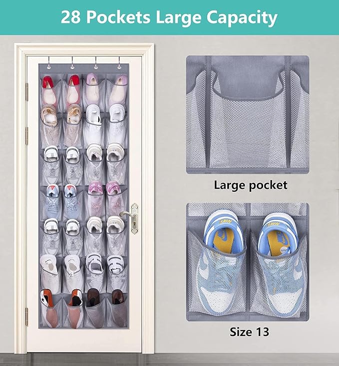 MISSLO 28 Large Pockets Hanging Shoe Rack Door Shoe Organizer Hanging Shoe Storage Hanger for Closet Mesh Holder, Grey