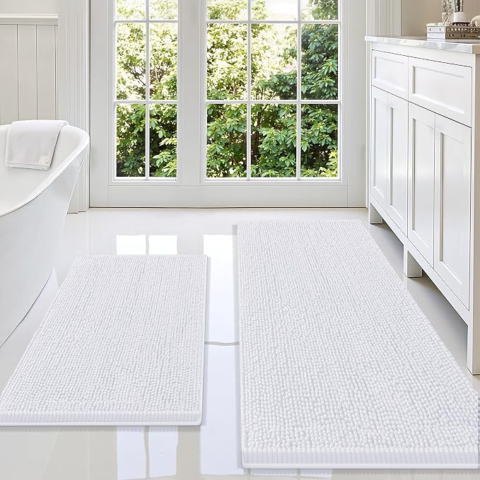 Smiry Bathroom Rugs Sets 2 Piece, Soft Absorbent Chenille Machine Washable Non Slip Shaggy Bath Rug Set for Tub, Shower, and Floor (59x20+30x20, White)