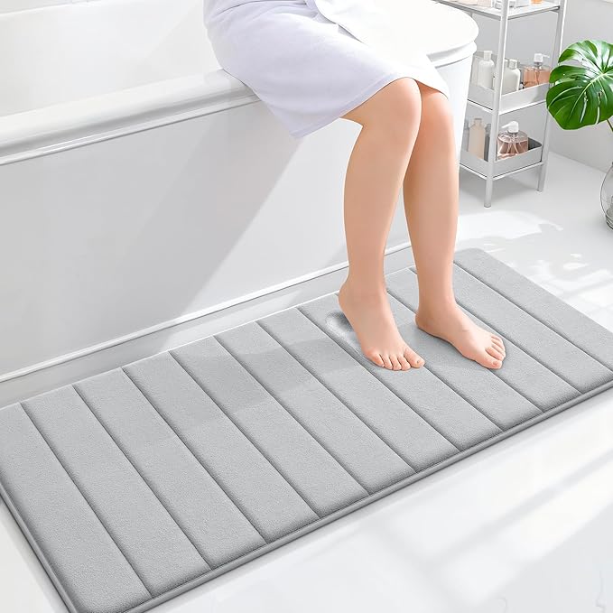 OLANLY Memory Foam Long Bathroom Rugs Runner 47x20, Super Soft Absorbent Bath Mat, Quick Dry, Machine Washable Shower Floor Rugs, Bathmat Carpet, Bathroom Home Decor Accessories, Light Gray
