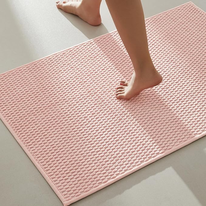 TYUU Bathroom Rugs Non Slip Washable, Super Absorbent Thin Bath Mat Quick Dry Low Pile Bathroom Rug, Pink 24"x36"