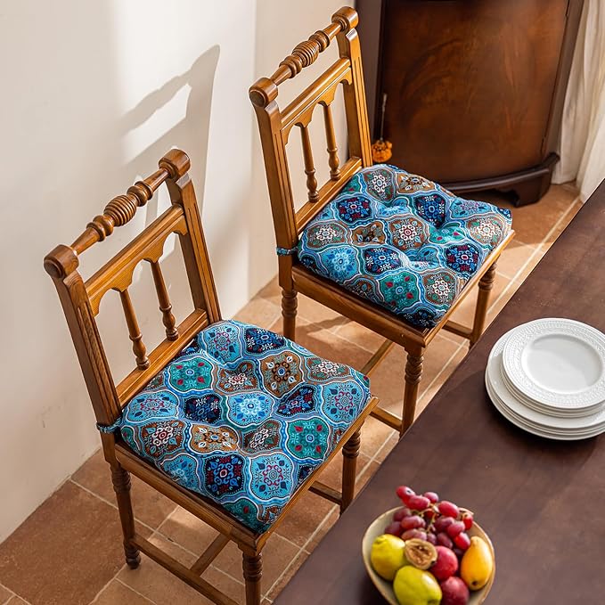 vctops Boho Geometric Chair Cushions with Ties U-Shaped Soft Cozy Cotton Linen Chair Pads Non Slip Seat Cushions for Indoor Dining Room and Kitchen Chairs (Blue,16"x16")