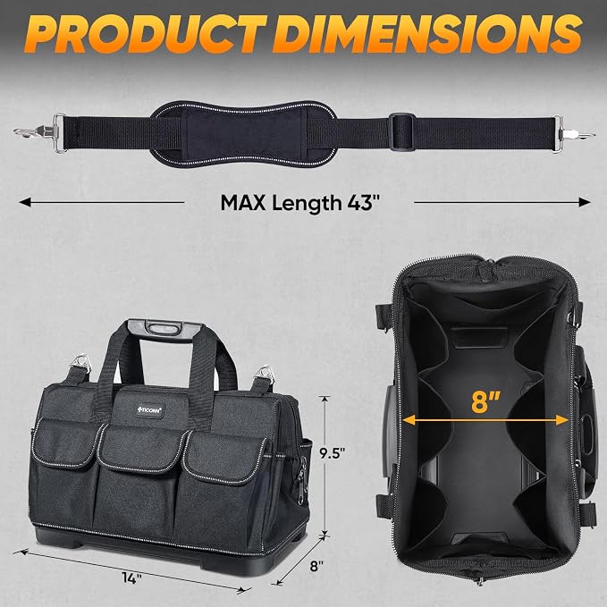 TICONN Heavy Duty Tool Bag with Multi-Pockets, Portable Tool Box Organizer Storage Bag, with Adjustable Shoulder Strap and Ergonomic Handle (Black, 14" Molded Base)