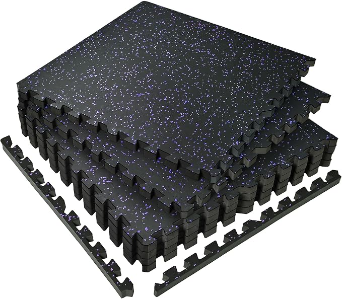 SUPERJARE 0.56'' Thick 6 Pcs 24 Sq Ft Rubber Top Exercise Equipment Mats, High Density EVA Foam Mats with Rubber Top, Interlocking Gym Flooring for Home Gym, Protective Workout Mat, Black/Purple