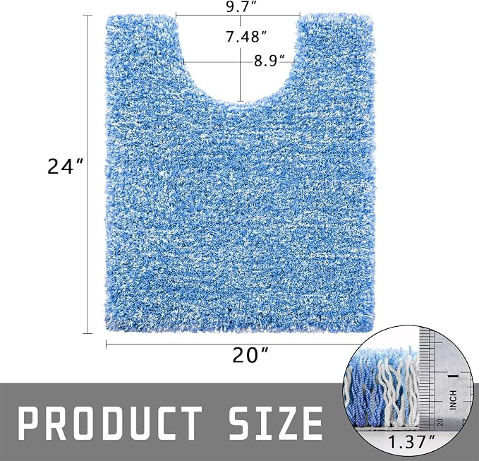 Yimobra Toilet Rugs U Shaped Washable 24X20, Ultra Soft and Water Absorbent Bath Mats, Non Slip Fluffy Shaggy Luxury Microfiber Contour Bath Rugs for Toilet, Dry Quick, Blue and White