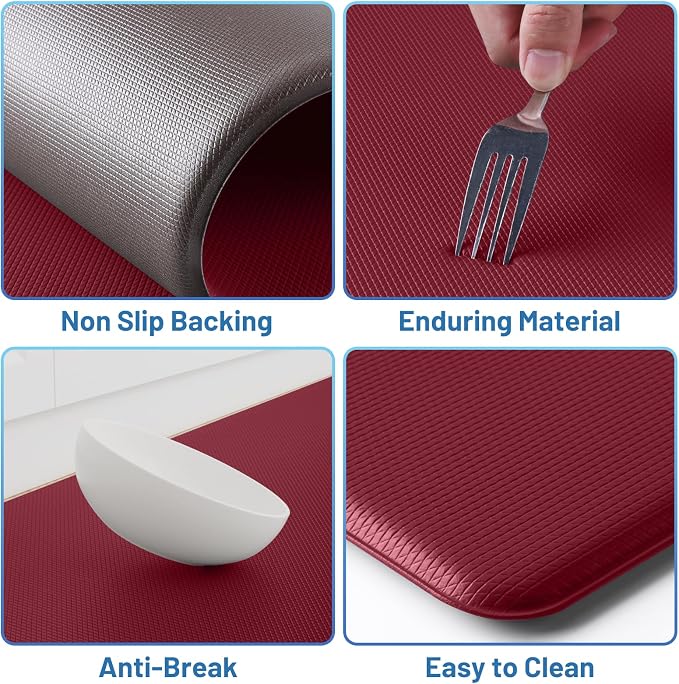 StepLively Kitchen Mat, 2 PCS Kitchen Rugs, Cushioned Kitchen Mats for Floor, Anti Fatigue Kitchen Rug Set, Non-Skid Standing Mat for Kitchen, Office, Sink, 17.3"x30"+17.3"x59", Red