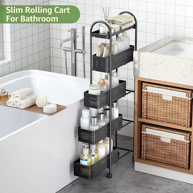 KINGRACK Slim Storage Cart with Drawer, 5-Tier Rolling Utility Cart on Wheels, Narrow Metal Cart for Space Save, Easy Assembly for Kitchen Cart, Craft Cart, Laundry, Bathroom, Nursery Organizer