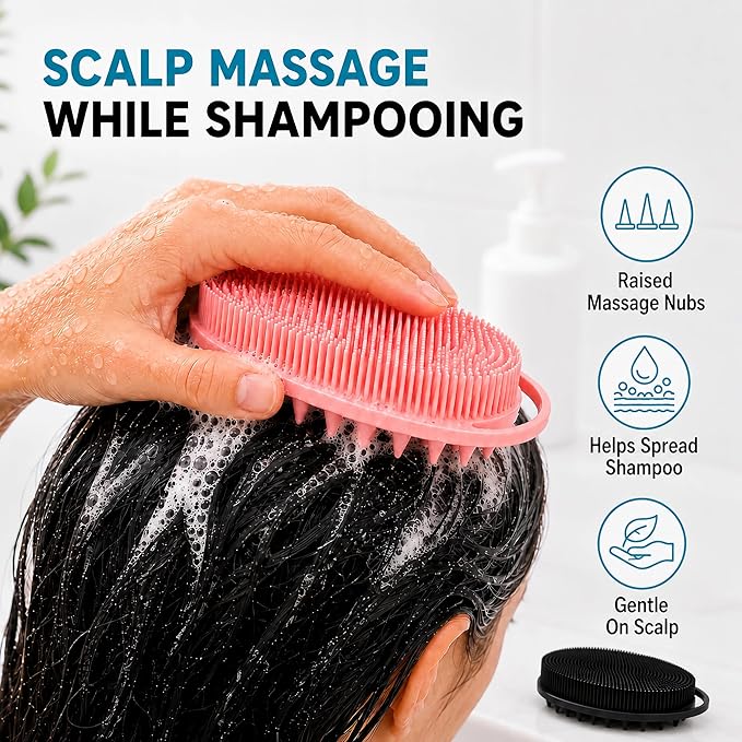 2 Pack Silicone Body Scrubber, Loofah Double-Sided Body Brush,Shower Scrubber and Scalp Massager Shampoo Brush for Sensitive Kids Women Men All Kinds of Skin (Black & Pink)