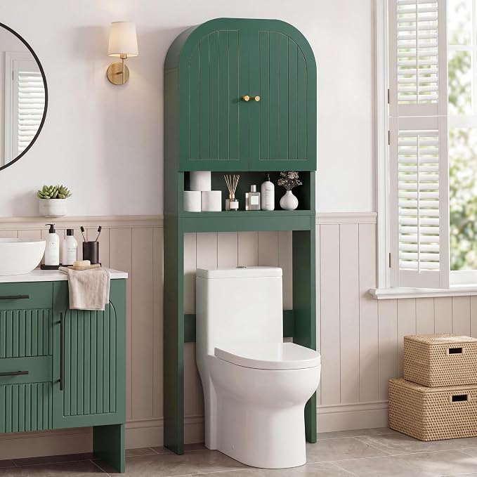 Over the Toilet Storage Cabinet, 70" Tall Bathroom Space Saver with Fluted Grooved Doors, Freestanding Over Toilet Organizer with Adjustable Shelves & Soft-Close Hinges for Small Bathrooms (Green)