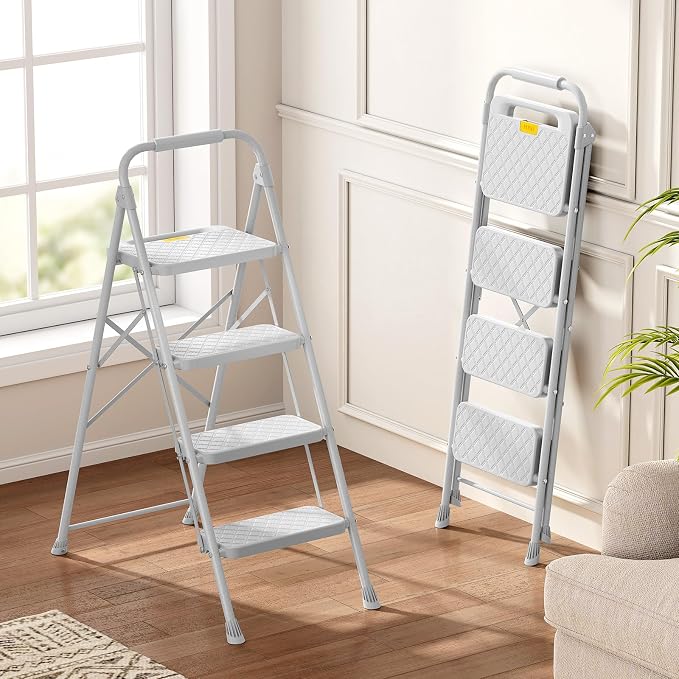 KINGRACK 4 Step Ladder, Folding Step Stool with Safety Lock & Sturdy Anti-Slip Pedals, Pass 800lbs Load Testing, Lightweight, Portable Steel Ladder with Handrails for Home, Kitchen, Garage, Office