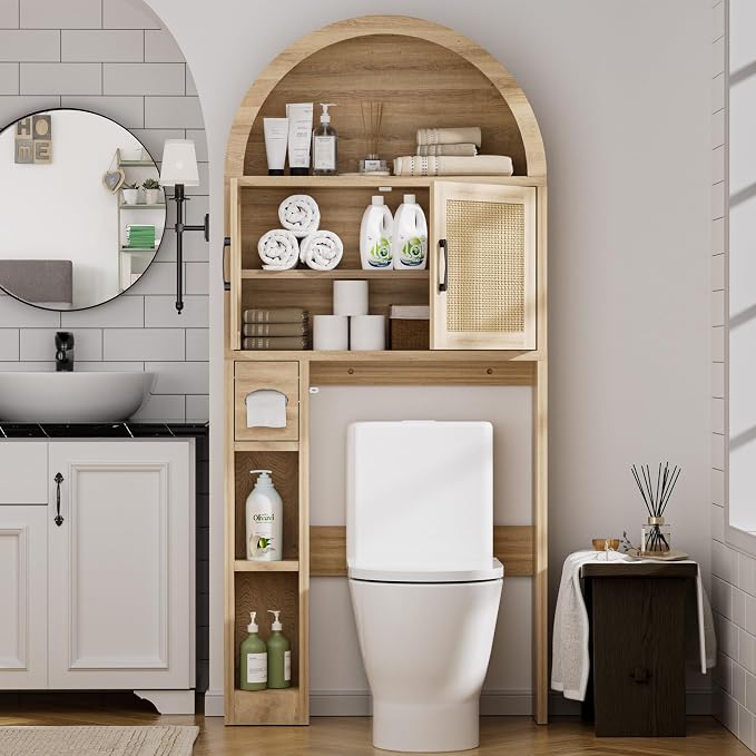 Spurgehom Over The Toilet Storage Cabinet, Bathroom Shelf Organizer Freestanding, Bathroom Arch Cabinet Over Toilet with Toilet Paper Holder and Anti-Tipping Device (Wood & Wicker Door)