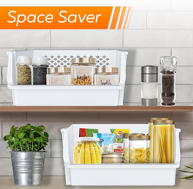 TidyFriend 6 Pack XLarge Stackable Storage Bins Open Front for Pantry Organizers and Storage, Pantry Storage for Food, Kitchen and Home Organization, Plastic Storage Bins, Dorm Room Essentials (White)