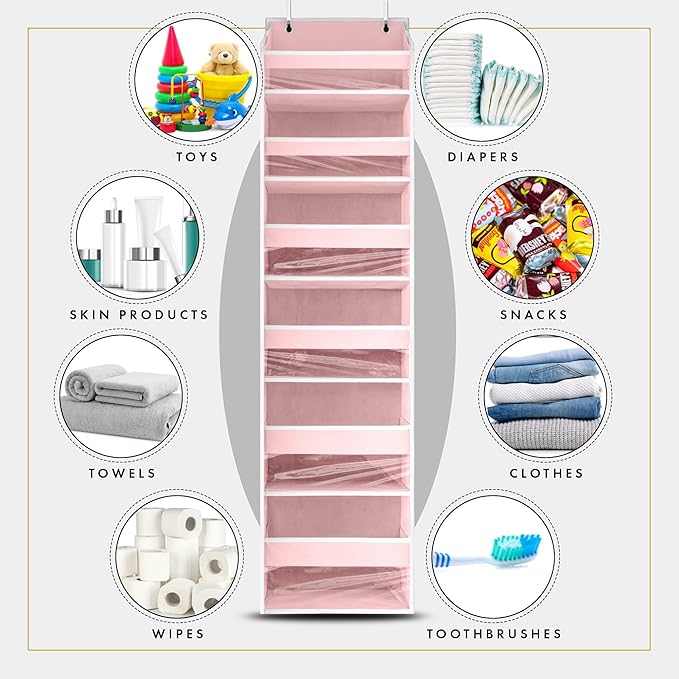 HOMELUX THEORY UPGRADED 6 Tiers Over The Door Organizer Hanging - 100D EXTRA THICK & 50lbs HUGE CAPACITY, 12 Side Mesh Pockets Over The Door Shoe Organizer, Hanging Closet Organizer (Baby Pink, 1pc)