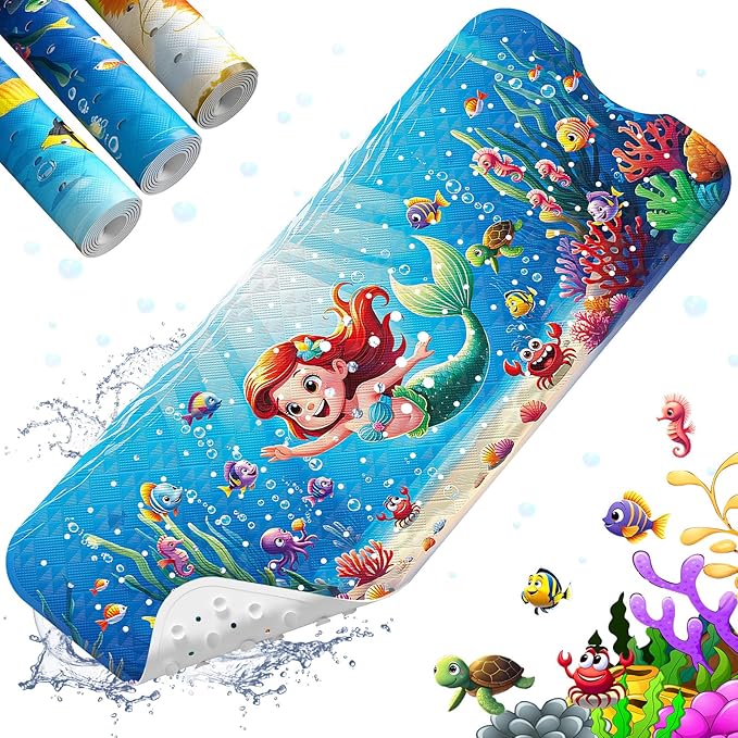 XIYUNTE Baby Bath Mat for Tub Non Slip Kids Bath Mat - 40''x16'' Extra Long Cartoon Turtle Baby Bath Tub Mat Eco-Friendly Toddler Bath Mats with Suction Cups & Drain Holes, Easy to Clean & Easy Drying