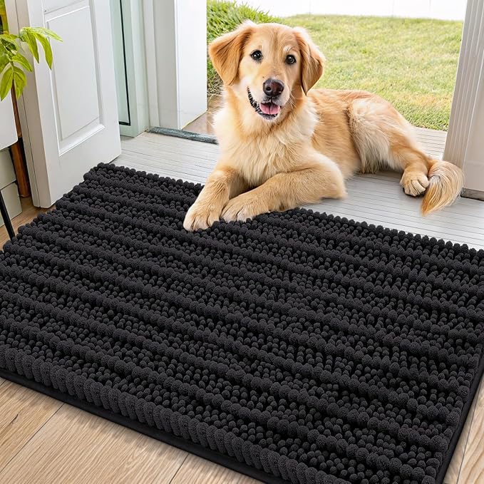 Smiry Dog Door Mat for Muddy Paws 36x24, Absorbent Dirt Trapper, Non-Slip Washable Chenille Entryway Rug for Inside Floor, Black, Layered Pattern