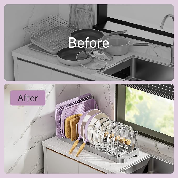 MUDEELA Pot Lid Organizer Rack for Cabinet, Expandable Pots and Pans Organizer under Cabinet with 12 Adjustable Dividers, Pan Organizers Holder inside Cabinet for Cutting Boards, Baking Sheets, Grey