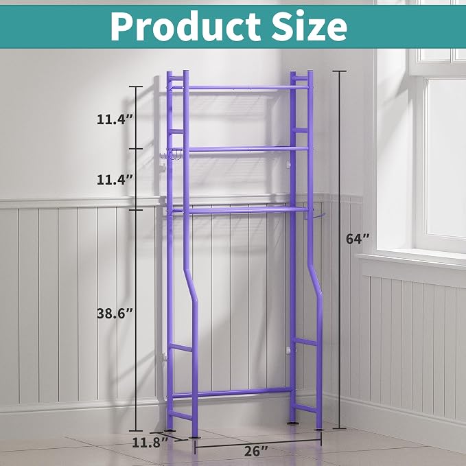 3-Tier Over The Toilet Storage Organizer, Space-Saving Bathroom Rack with Paper Holder & 4 Hooks, 64" Tall Freestanding Carbon Steel Shelf for Small Apartment Laundry Room (Purple)