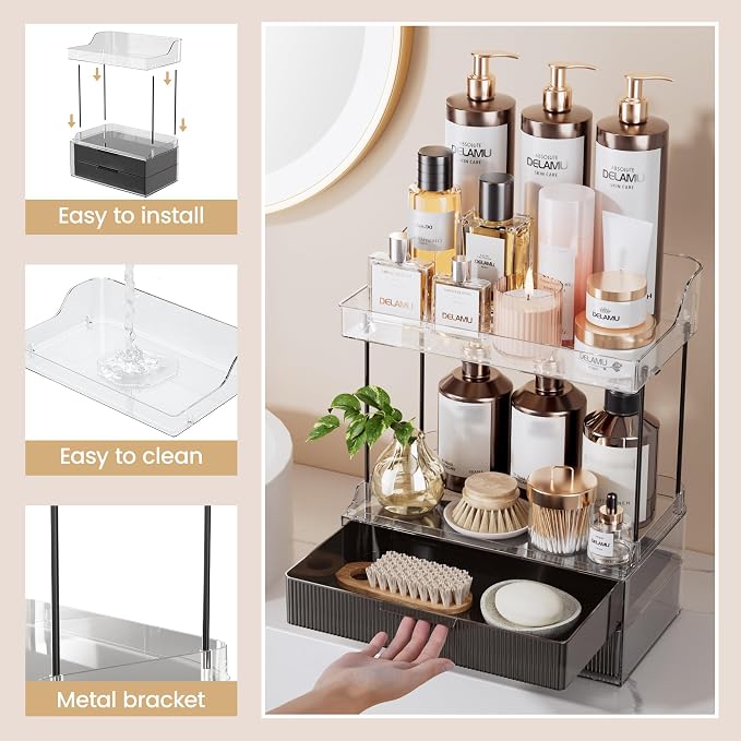 Delamu Bathroom Organizers and Storage, 2 Tier 2 Drawer Makeup Organizer Countertop, Easy to Install, Ideal for Bathroom Counter, Vanity, Large Skincare, Perfume, Present, Desk and More, Black