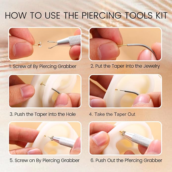 GEMQUEEN Piercing Taper Ball Grabber Tool for Changing Jewelry - 14G 16G 18G 20G Stainless Steel Flat Back Earrings Applicator Tool Threadless Insertion Pin Thread Body Piercing Kit for Ear Nose Lip