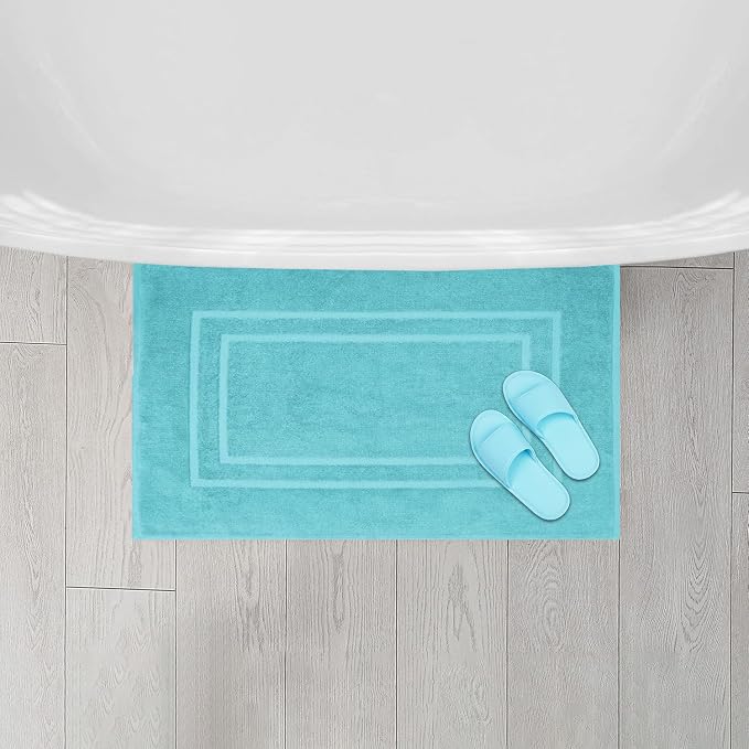 Feather & Stitch 2 Piece Towel Like Bath Mats (30x21 Inch) 100% Cotton Terry Bath Mats, Bathroom Shower Floor Mats [NOT A Bathroom Rug], Soft Absorbent Washable Mats - Aqua