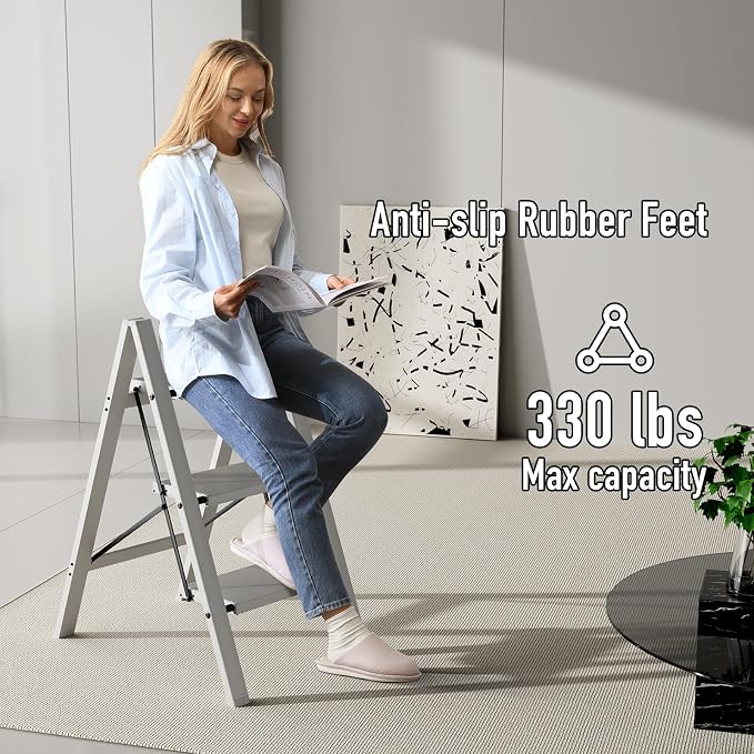 Mayi Plus 3 Step Ladder,Aluminum Folding Step Stool for Adults,Step Ladder with Wide Anti-Slip Pedal,330 lbs Capacity for Home,Office,Kitchen,Library(Grey)