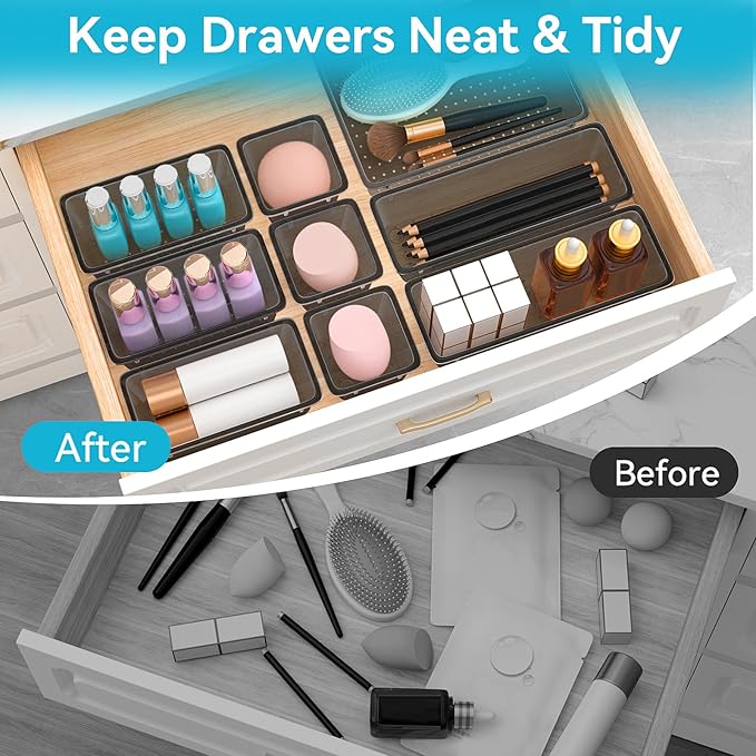 ElegantArray 12-Piece Drawer Organizer Set, 4 Sizes Versatile Plastic Vanity Organizer for Makeup, Stationery, Gadgets, in Kitchen, Bathroom, Office, and Bedroom, Black