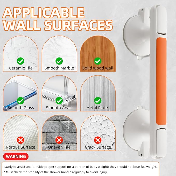 Grab Bar for Bathtubs and Showers, Zynuhmo 12'' Suction Safety Grab Bar with 1PCS Bath Ball Suction Cup Shower Handles No Drilling Handrails for Seniors Elderly Kids Bathroom Assist Support(Orange)