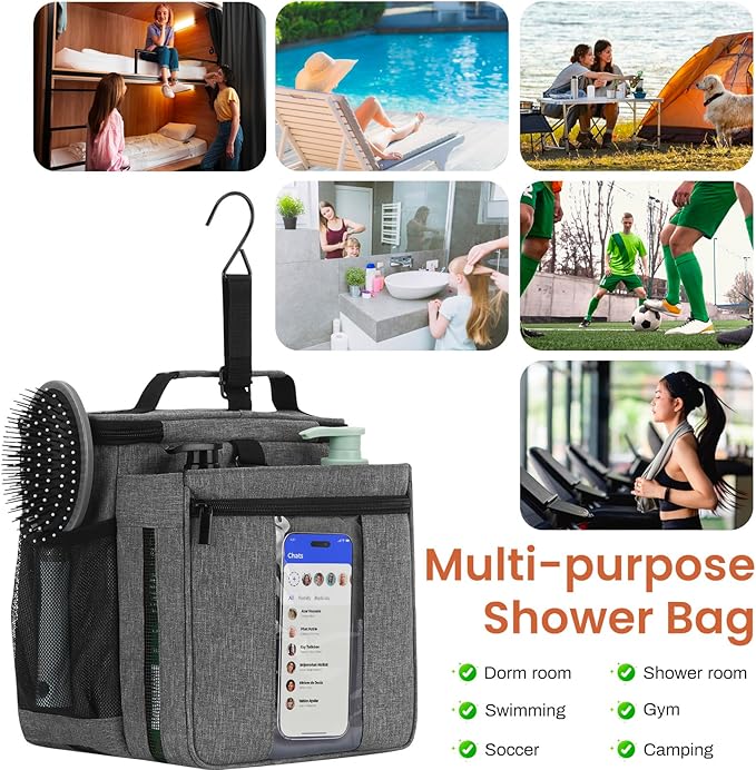 Shower Caddy Portable Quick Dry Mesh Dorm Shower Bag Men Women 2 Compartment College Dorm Room Essentials for Guys Girls,Hanging Shower Organizer for Camping Gym,Gray