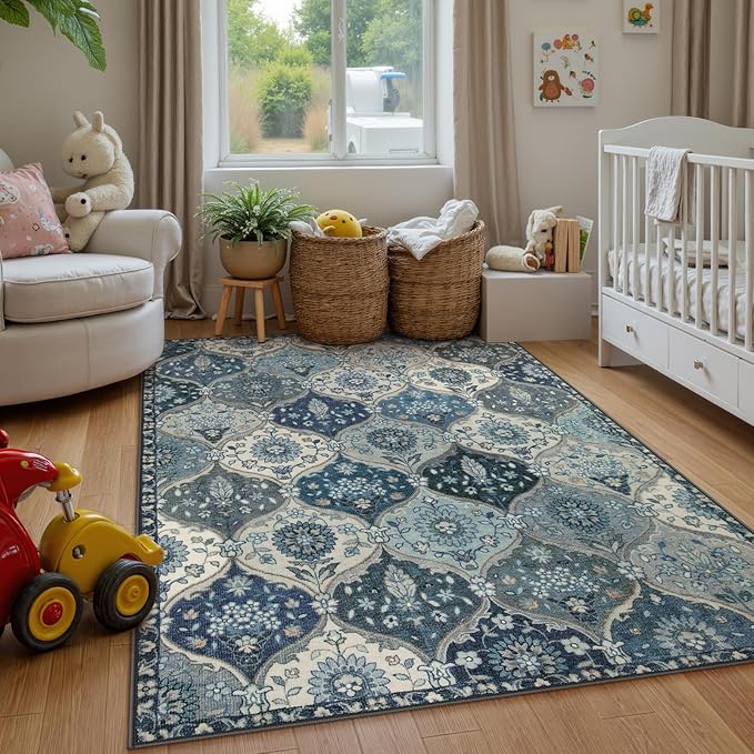 Lahome Moroccan Washable Area Rug 6x9, Ultra-Thin Large Living Room Rugs for Bedroom, Oriental Trellis Distressed Non Shedding Throw Carpet for Dining Room Office Elise, Blue