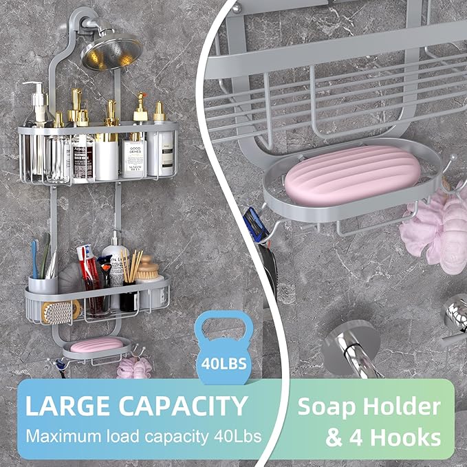 Bathroom Hanging Shower Organizer, Over Head Shower Caddy Shower Storage Rack Basket with Hooks for Razor and Sponge Rustproof, Silver [Patented]