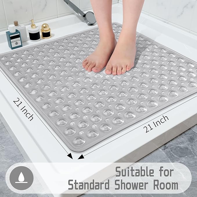 Yimobra Shower Mat 21X21 Inch Square, Non Slip Bathtub Mat with Large Suction Cups&Drain Holes, Soft Fast Dry Shower Stall Mats for Inside Shower, Machine Washable BPA-Free,Bath Essentials, Clear Gray