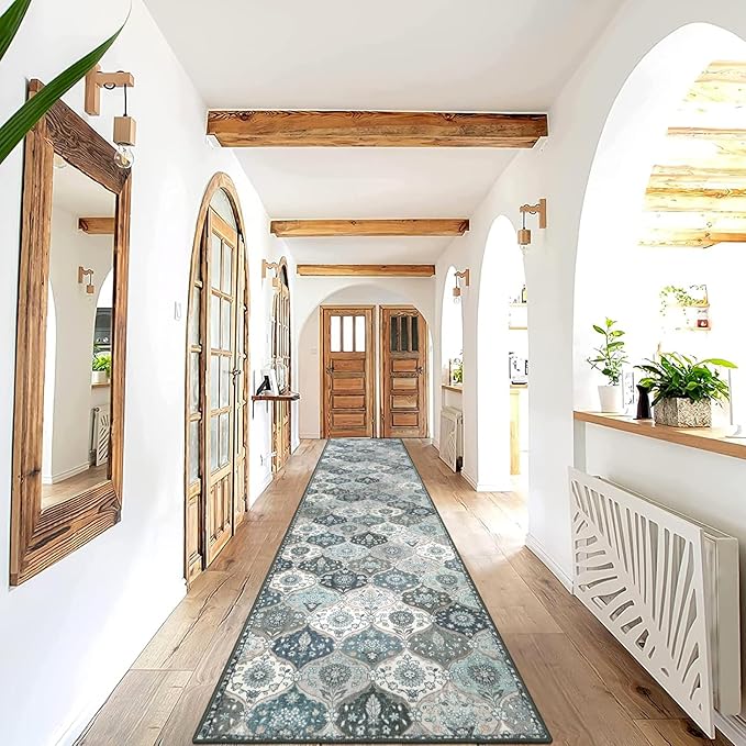 Lahome Moroccan Hallway Runner Rug Non Slip, 2x10 Washable Runner Rugs for Hallway 2x10 Vintage Ultra-Thin Throw Long Carpet for Kitchen Entryway Bedroom Laundry Room Elise, Blue