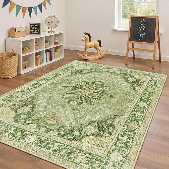 RELEANY Area Rugs 4'x6' Washable Non-Slip, Floral Vintage Distress Medallion Carpet for Living Room Bedroom Dining Room, Sage Green Yellow